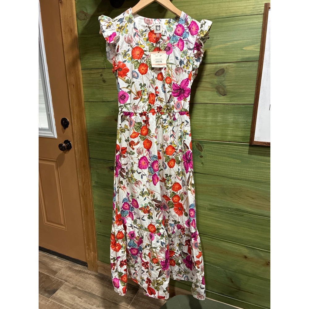 Anne Klein Floral V-Neck Maxi Dress Flutter Sleeve Egret Multi White Pink 2 NEW